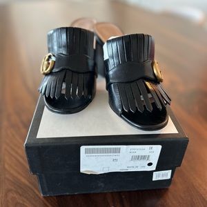 Gucci Marmot GG Kiltie Leather Fringe Block Heel Mules. Sz 37